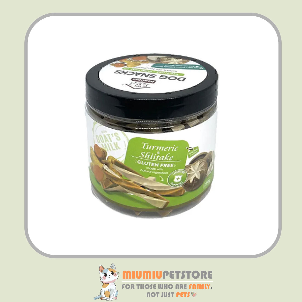 howbone-dog-snack-goatmilk-turmeric-shiitake-220g تشویقی بدون گلوتن هابون با طعم شیر بز، زردچوبه و قارچ شیتاکه – ۲۲۰ گرم