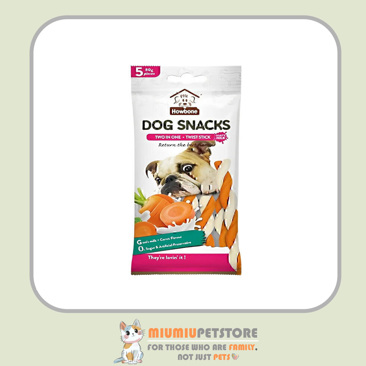 howbone-dog-twist-snacks-goat-milk-carrot-5pcs اسنک تشویقی پیچی سگ هابون با طعم شیر بز و هویج – بسته ۵ عددی